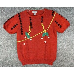 Vintage Crystal Kobe Sweater Embroidered Artsy Red Short Sleeve Women's Large